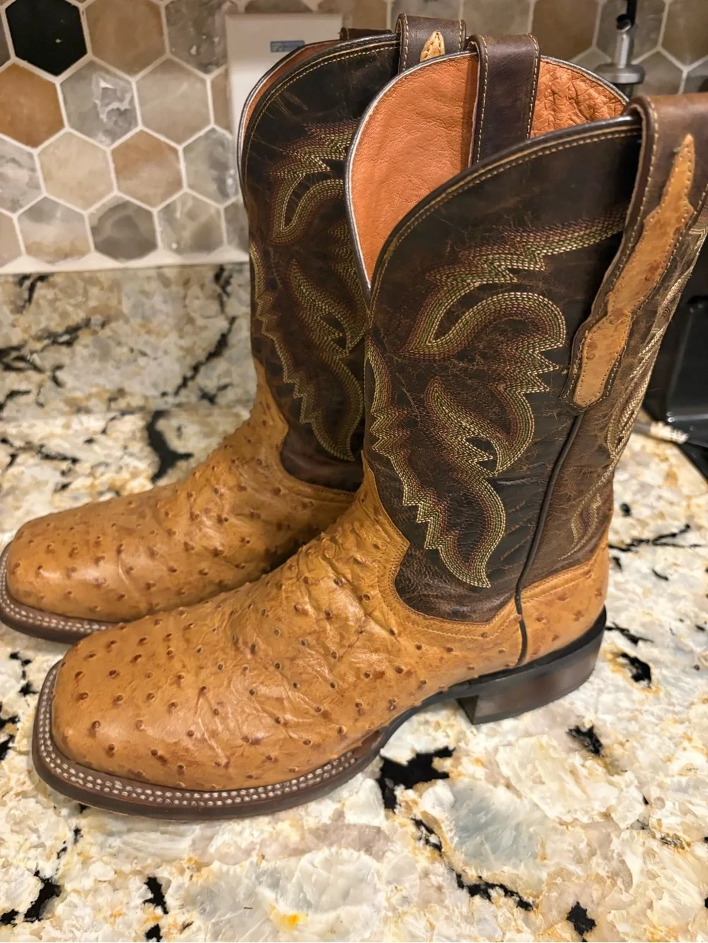 Justin Boots Tan Ostrich-Textured Western Boots with Brown Embroidered Shaft